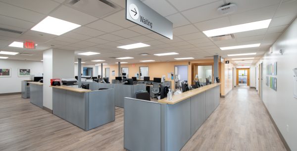 Clinic reception area at 2800 Winslow Outpatient Rehabilitation Facility Healthcare MEP Engineering