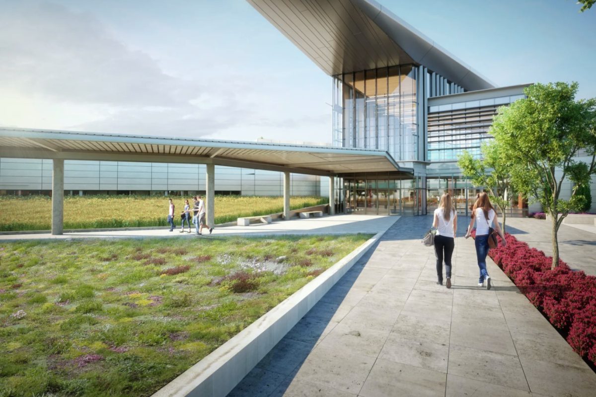 Great Oaks Live Oaks Campus entrance featuring a large cantilevered roof and glass facade
