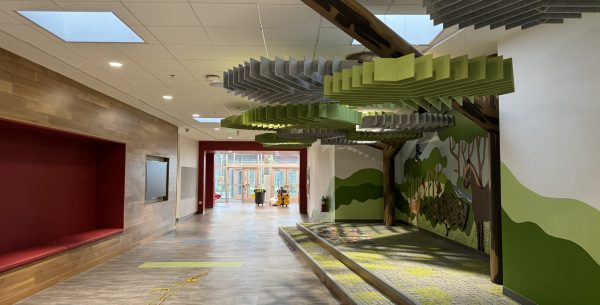 Indian Hill School District hallway with a tree-themed play area